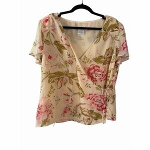 Maggy London Blouse Womens Size 12 Ivory Floral Wrap V-Neck Short Sleeve